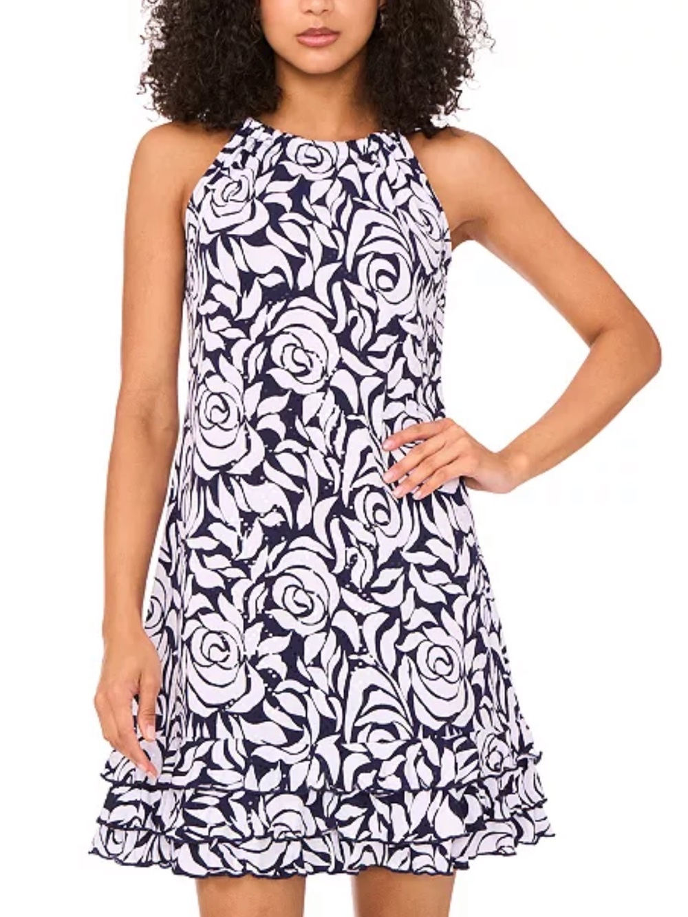 NWT -Embellished Navy & White Floral A-Line Sundress-SP